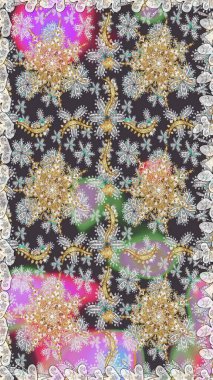 Kusursuz kıvırcık saçlar. Raster altın desen. Doğulu stil altın deseni gri ve nötr renklerle altın elementlerle donatır.