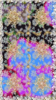 El yapımı dekoratif çerçeve, albüm kapağı, tebrik kartı, klasik Art deco tarzı. Altın karalama fantezi yapraklarından Raster soyut çiçek çelengi ve gri ve nötr renklerde çiçek..