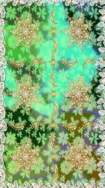 Klasik raster sarısı, kusursuz desen. Çiçek süsü kumaş deseni, cam, çiçek desenli metal yeşil ve nötr renklerde altın elementler..