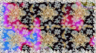 Doğu tarzı element. Davetiyeler, kartlar, web sayfası için Raster illüstrasyon. Altın desenli çiçek dekoru. Çizgi sanatı tasarım şablonu için kusursuz sınır. Gri ve nötr renkler üzerine altın element.