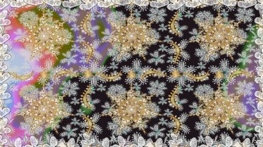 Gri ve nötr yerine altın rengi klasik barok çiçekli desenler. Lüks, kraliyet ve Viktorya dönemi konsepti. Gri ve nötr renklerde altın element. Süslü raster dekorasyonu.