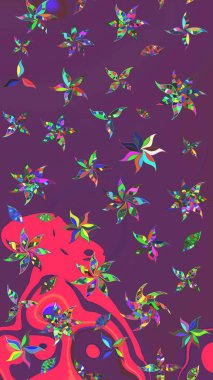 Raster illüstrasyonu. Asya tekstil tarzında. Raster illüstrasyonu. Çiçek desenli çizim. Mor ve pembe renkte çiçekler.