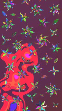 Çiçek desenli çizim. Raster illüstrasyonu. Kahverengi ve pembe renkli Asyalı tekstil.