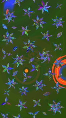 Kumaş desenli papatya çiçeği detayı. Yeşil ve mavi renkte çiçekler.