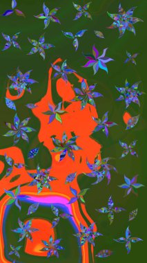 Yeşil ve turuncu renkli çiçekler. Hediye ambalaj kağıdı, tebrik kartları, posterler ve pankart tasarımı. Raster düz çiçek çizim deseni.