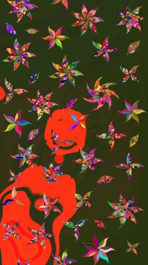 Raster illüstrasyonu. Patlayan çiçekler soyut olarak yerleştirilmiş. Raster deseni. Yeşil ve gri renklerde bahar çiçekleri..