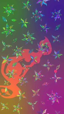 Renkli grunge soyut arkaplanı sütunlu ve yeşil çiçeklerle zenginleştirir. Parmak izi, kumaş, duvar kâğıdı, tekstil için raster dokusu. Nakış desenli çiçek deseni..