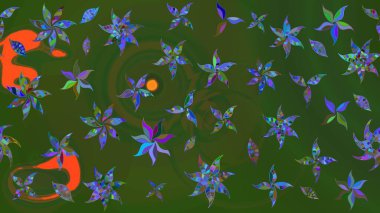 Klasik çiçekler. El çizimi, soyut ve süslü elementler. Yaz çiçekleri teması. Yeşil ve mavi renkler. Suluboya resim taklit Raster illüstrasyonu.