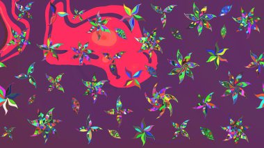 El çizimi çiçekli soyut çizim kalıbı. Mor ve pembe renkte çiçekler. Raster illüstrasyonu.