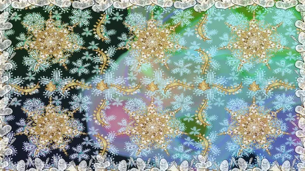 Tarafsız ve gri renklerde altın elementlerle kusursuz desen. Geleneksel oryantasyon süsü. Raster illüstrasyonu. Kusursuz klasik raster altın desenli. Klasik vintage arkaplan.