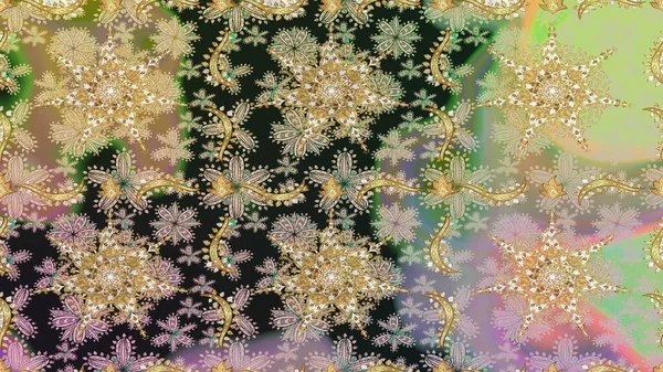 Kusursuz altın desenli bukleler. Raster. Parlak dantel, stilize çiçekler, şal desenli. Gri renklerde, altın elementlerle kusursuz desen. Hassas altın deseni açın. Doğu tarzı arabesk.