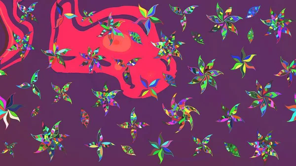 El çizimi çiçekli soyut çizim kalıbı. Mor ve pembe renkte çiçekler. Raster illüstrasyonu.