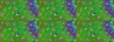 Raster illüstrasyonu. Yeşil ve mor renkli çiçekler. Küçük çiçekte sevimli çiçek deseni var..