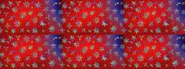 Kırmızı ve mor renkte çiçekler. El çizimi çiçekli soyut çizim kalıbı. Raster illüstrasyonu.