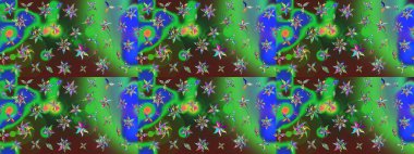 Çiçek desenli raster, yeşil ve mavi çizgi grafik desenli soyut raster arkaplan. Modern stil dokusu.