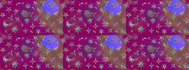 Tropik çiçek desenleri. Raster illüstrasyonu. Mor ve kahverengi renkte çiçekler.