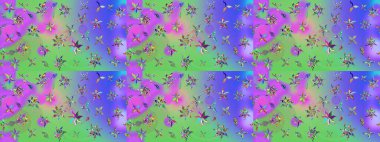 Nakış desenli çiçek deseni. Renkli grunge, soyut arkaplanı kolonya ve yeşil çiçeklerle süslüyor. İzler, kumaş, duvar kağıtları, tekstil için raster dokusu.