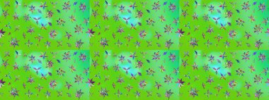 Raster düz çiçek çizim deseni. Hediye ambalaj kağıdı, tebrik kartları, posterler ve pankart tasarımı. Yeşil ve mavi renkte çiçekler.