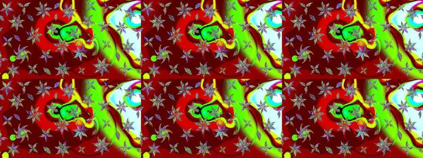 Çiçek süslemeli çizim deseni. Çiçekler kırmızı ve yeşil renklerde. Raster illüstrasyonu.