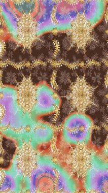 Raster illüstrasyonu. Kahverengi renkli ve altın elementli klasik eskiz deseni.