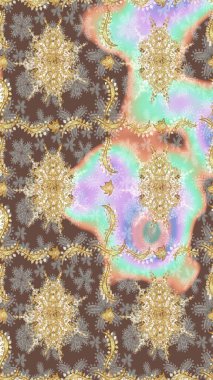 Raster oryantal süs. Altın şablonu çiz. Kahverengi renklerde altın elementlerle çizim deseni.