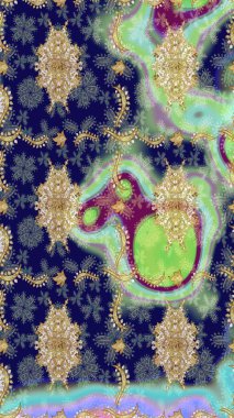 Raster geleneksel oryantasyon süsü. Klasik altın desenli çizim. Altın elementlerle mavi renklerde altın desen.