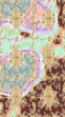 El yapımı dekoratif çerçeve, albüm kapağı, tebrik kartı, klasik Art deco tarzı. Raster soyut çiçek çelengi altın karalama fantezi yaprakları ve tarafsız renklerde çiçek.