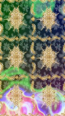 Antika altın tekrarlanabilir duvar kağıdı. Damask çizimi tekrarlanıyor. Yeşil renklerdeki altın element. Barok tarzında altın çiçekli süs..
