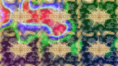 Raster illüstrasyonu. Ortaçağ çiçek desenini çiz. Doğum günü kartı, davetiye ya da afiş için iyidir. Dekoratif simetri arabesk. Yeşil renkte altın.