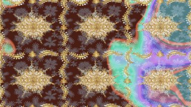 Eskiz oryantal klasik altın desen. Mor renklerde altın yinelenen elementler içeren Raster soyut arkaplanı.