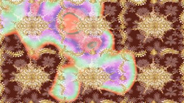 Raster illüstrasyonu. Kahverengi renkli ve altın elementli klasik eskiz deseni.