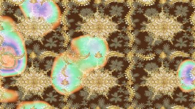 Kahverengi renklerde altın element. Barok tarzında altın çiçekli süs. Damask çizimi tekrarlanıyor. Antika altın tekrarlanabilir duvar kağıdı.