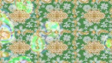Yeşil renklerdeki altın element. Barok tarzında altın çiçekli süs. Damask çizimi tekrarlanıyor. Doku arkaplanı üzerine altın duvar kağıdı.