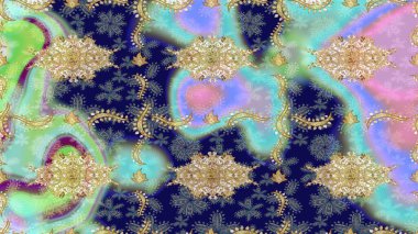 Raster illüstrasyonu. Çizim altın desenli bukleler. Doğu tarzı arabesk. Raster altın desen. Altın elementli mavi renkler.