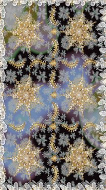 Çiçek kiremitleri. Raster altın tekstil baskısı. Kusursuz desenli oryantal süs. İslam tasarımı. Altın elementlerle gri renklerde altın desen.