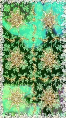 Düz elle çizilmiş klasik koleksiyon. Raster altın pürüzsüz desen. Arkaplan, kumaş, altın duvar kağıdı. Altın elementlerle yeşil renklerde altın desen.