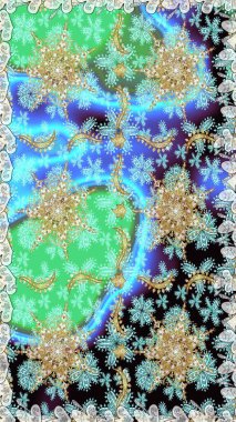 Paisleys zarif çiçek desenli dikdörtgen arka plan duvar kâğıdı illüstrasyonuyla klasik stil güzel modern 3D çizgi sanat altın ve mavi desenli çiçek yaprakları ve süslemeleri..