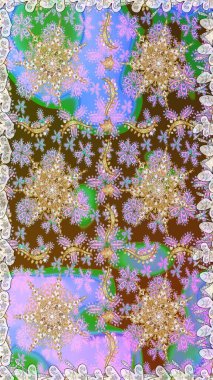 Parlak dantel, stilize çiçekler, şal desenli. Raster. Doğu tarzı arabesk. Kusursuz altın desenli bukleler. Hassas altın deseni açın. Tarafsız renklerde altın elementlerle kusursuz desen.