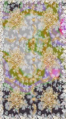 Gri renklerdeki altın element. Davetiyeler, kartlar, web sayfası için Raster illüstrasyon. Doğu tarzı element. Altın desenli çiçek dekoru. Çizgi sanatı tasarım şablonu için sınırsız sınır.