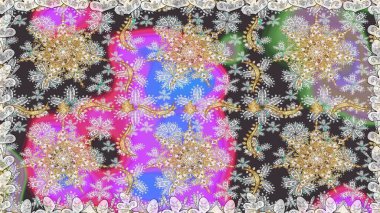 Gri renkli ve altın elementli altın desenli. Çiçek kiremitleri. İslam tasarımı. Raster altın tekstil baskısı. Kusursuz desenli oryantal süs.