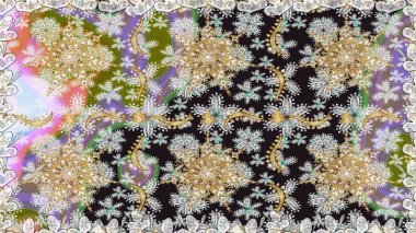 Doğu tarzı arabesk. Hassas altın deseni açın. Kusursuz altın desenli bukleler. Raster. Parlak dantel, stilize çiçekler, şal desenli. Gri renklerde, altın elementlerle kusursuz desen.