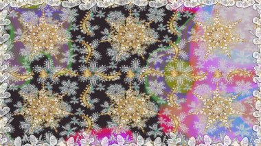 Raster altın tekstil baskısı. Çiçek kiremitleri. Kusursuz desenli oryantal süs. İslam tasarımı. Altın elementlerle gri renklerde altın desen.