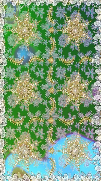 Altın elementlerle yeşil renklerde altın desen. Arkaplan, kumaş, altın duvar kağıdı. Düz elle çizilmiş klasik koleksiyon. Raster altın pürüzsüz desen.