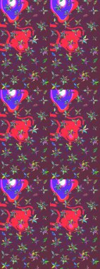 Parlak renkli çiçekleri ve kahverengi ve pembe renkte yaprakları olan harika bir çiçek deseni. Moda baskıları için zarif bir şablon. Modern çiçek arkaplanı. Halk stili.