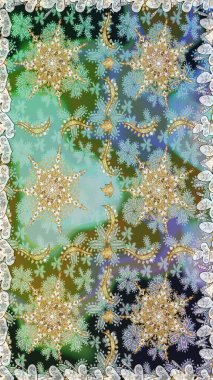 Kusursuz kraliyet lüksü, altın barok kumaş rengi. Altın antika ortaçağ dekoratifi, yapraklar ve altın desenli süslemelerle renksiz ve gri renklerde..