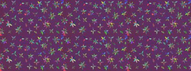 Raster illüstrasyonu. Çiçek süslemeli çizim deseni. Mor ve yeşil renkte çiçekler.