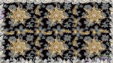 Gold on gray and black colors. Good for greeting card for birthday, invitation or banner. Raster illustration. Seamless medieval floral royal pattern. Decorative symmetry arabesque.