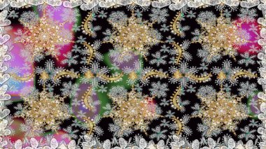 Doğum günü kartı, davetiye ya da afiş için iyidir. Dekoratif simetri arabesk. Gri ve siyah renklerde altın. Kusursuz ortaçağ çiçek deseni. Raster illüstrasyonu.