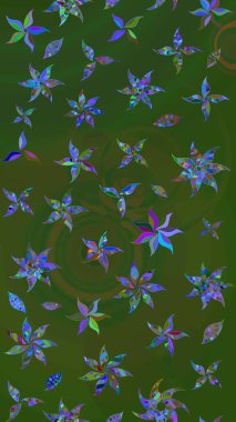 Raster düz çiçek çizim deseni. Hediye ambalaj kağıdı, tebrik kartları, posterler ve pankart tasarımı. Yeşil ve mavi renkte çiçekler.