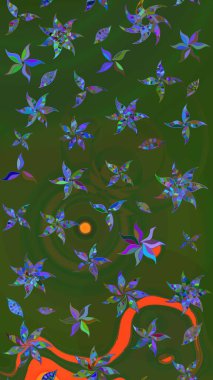 Çiçek desenli raster, yeşil ve mavi çizgi grafik desenli soyut raster arkaplan. Modern stil dokusu.